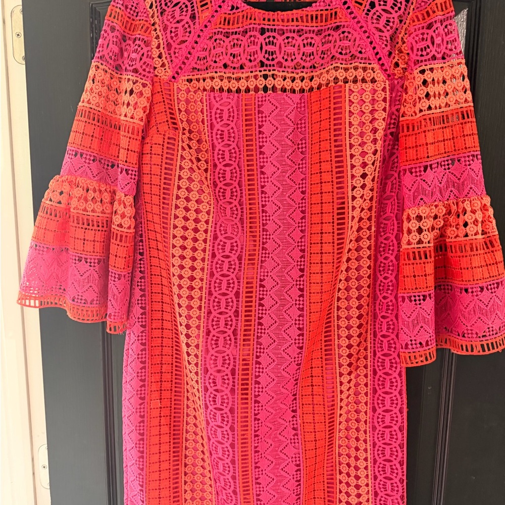 Trina Turk Pink and Orange Crochet A-Line Dress with Bell Sleeves - Picture 2 of 2